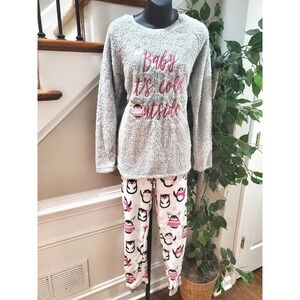 Holiday Time Women's Gray & White Long Sleeve Top Shirt & Trouser 2 Piece Set L